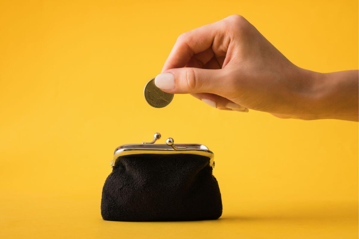 The image shows a wallet and a girl's hand dropping a coin into it indicating to round up your purchases can add up to a meaningful savings buffer without extra effort.