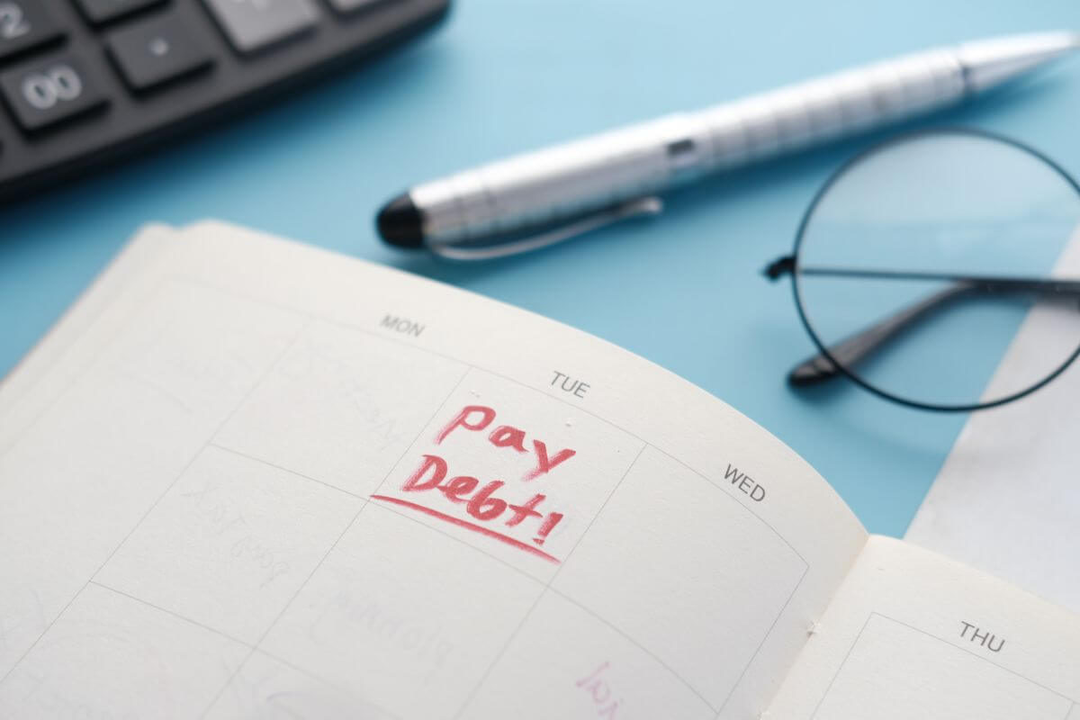 The image shows a calculator, a pen, an eyeglass, and a notebook with a note of reminder referring to paying down high-interest debt to free up cash for other priorities.