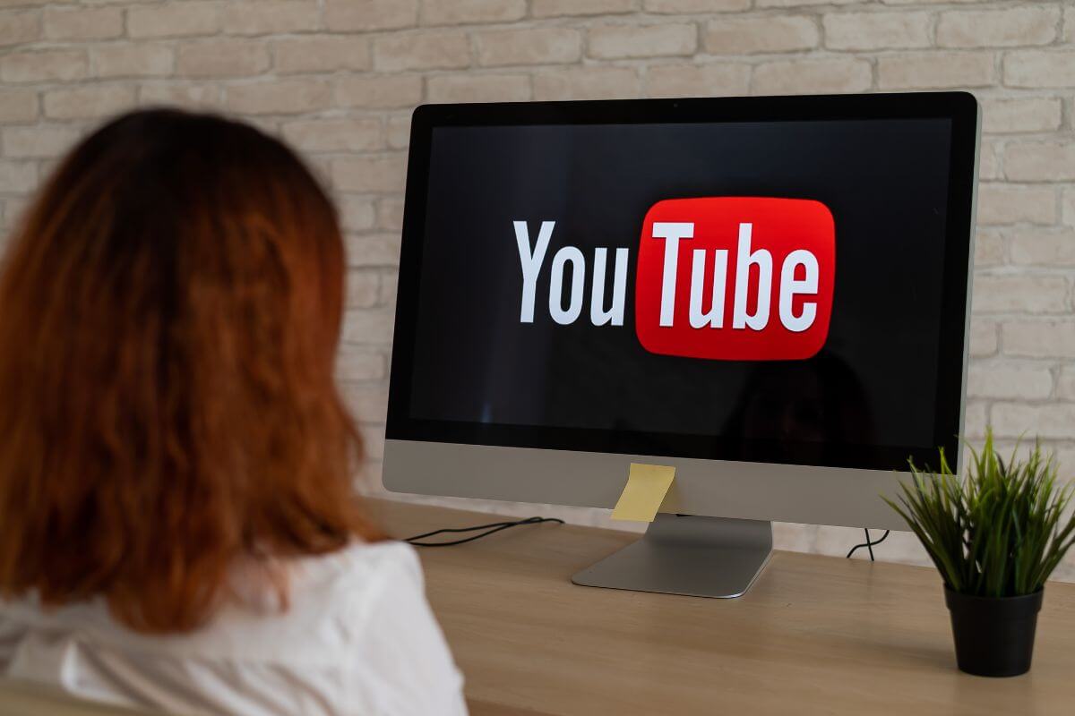 The picture shows a plant on the table and a girl looking at the computer referring to starting a Youtube channel and earning from ads and making money over time.
