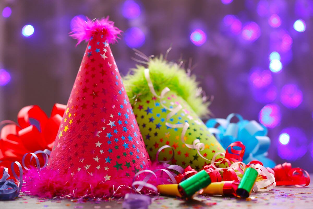 The picture shows colorful party stuff referring to rent out party supplies and making this a steady side income.