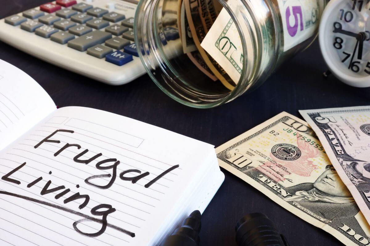 The picture tells about a calculator, a clock, dollar bills, a jar with dollar bills, and a notebook with notes referring to finding more frugal living tips to stretch your budget and enjoy life without financial stress.