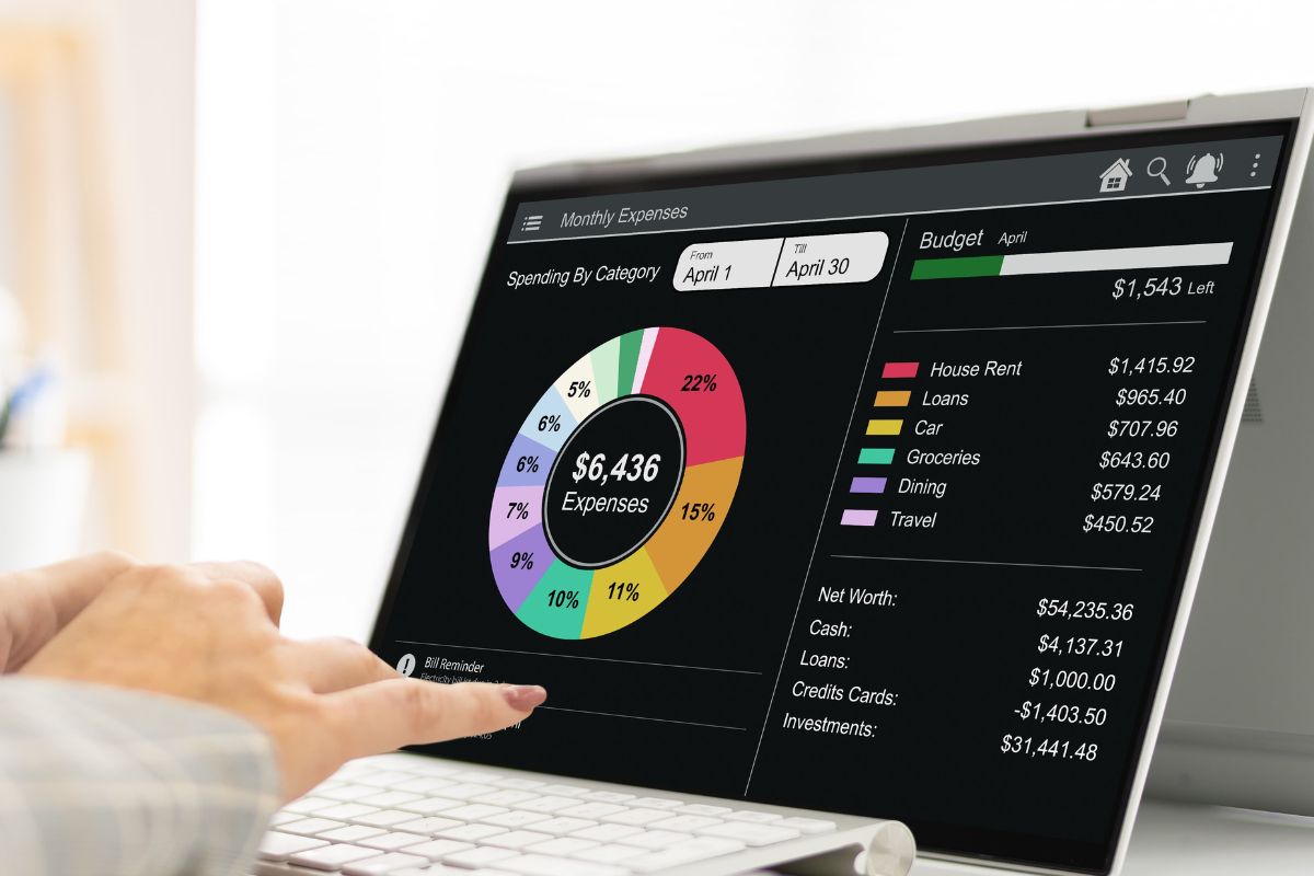 The picture shows a woman using a budgeting app.