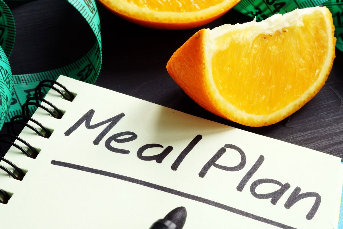 Photos of a notebook with meal plan wording.