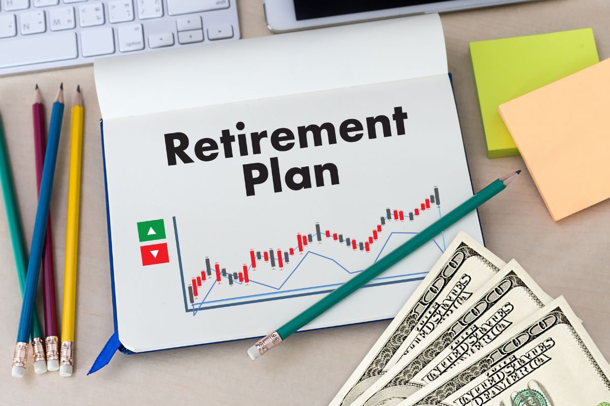 The picture shows money and paper with retirement plan wording.