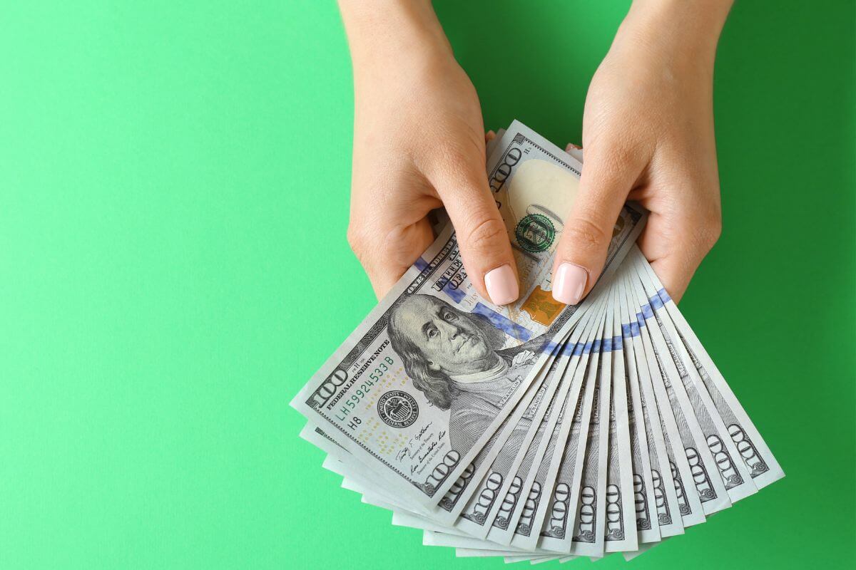 The picture shows a woman's hand holding money.