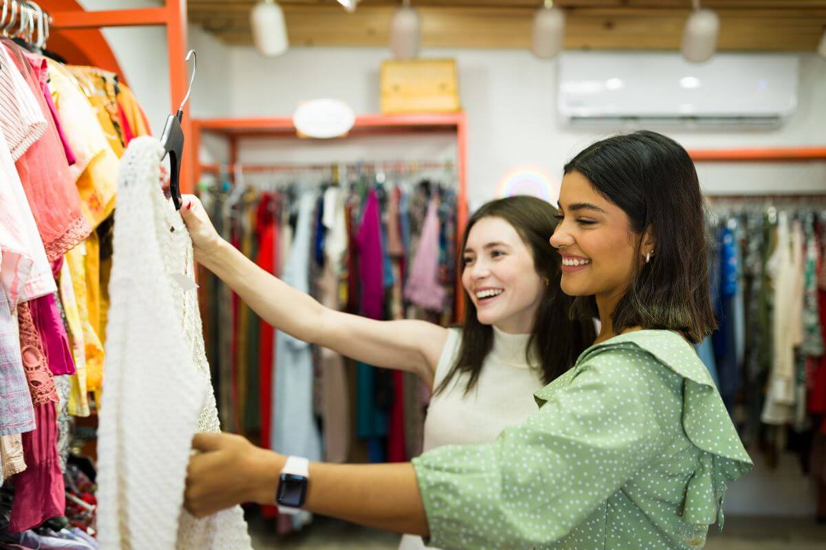 The image tells about two friends picking clothes in a shop which refers to focusing on buying only what you truly need to save money and reduce clutter in your life.