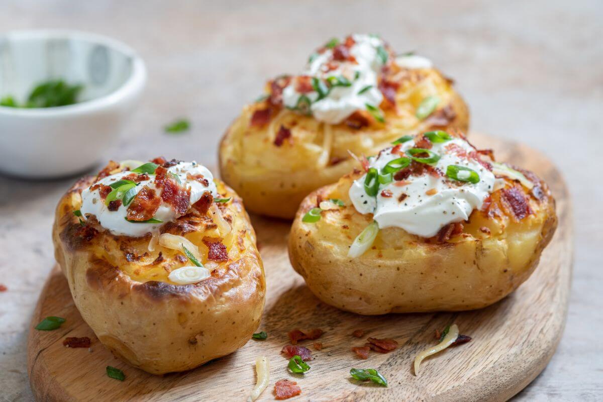 The picture of baked potatoes with cheese on top and another flavor that can be a satisfying meal on their own or a side.