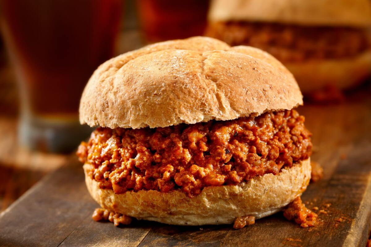 The photo of sloppy joes on the wooden slicer which are quick to prepare and great for feeding a family without overspending.