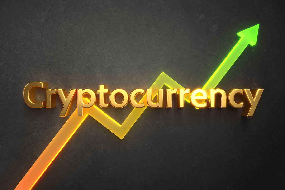 The image shows a rising arrow and digital note referring to cryptocurrency to grow wealth.