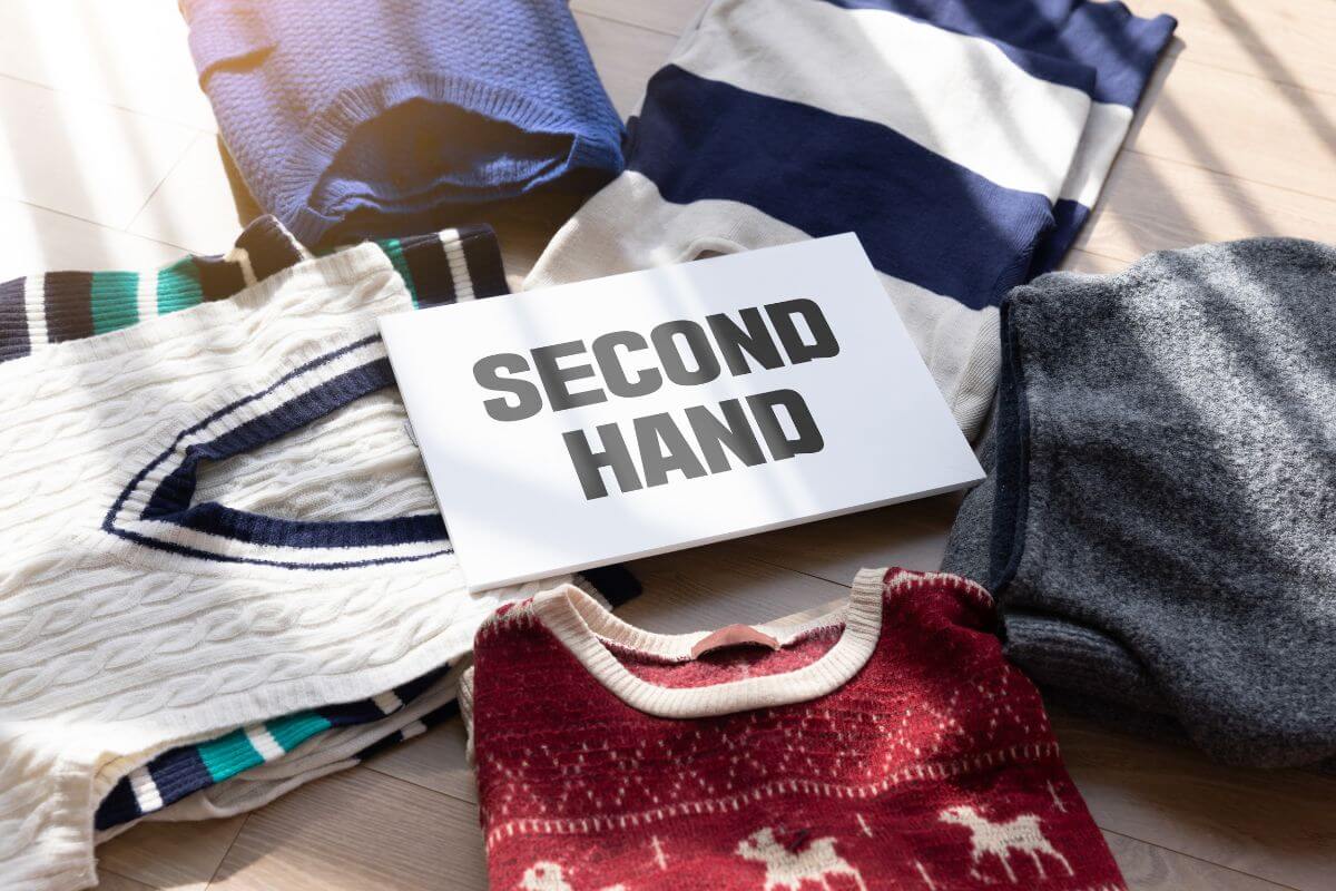 The picture of clothes and pieces of paper with notes refers to shopping secondhand for essentials to save big without compromising quality.