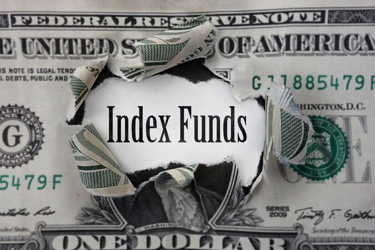 The photo tells about a hole-teared dollar bill with a piece of paper and a note that refers to how investing in low-cost index funds helps your money work harder especially if you're starting later.