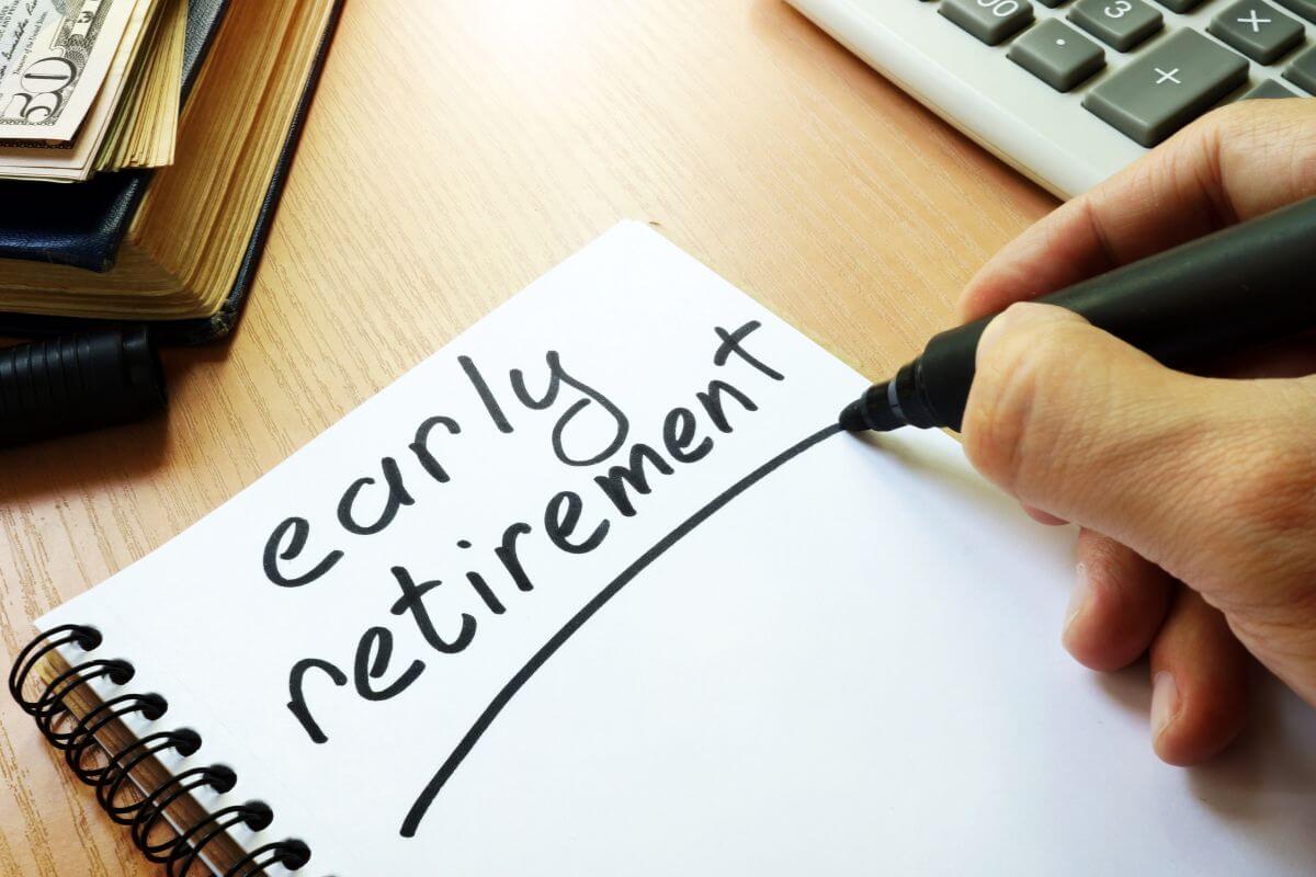 The image shows a calculator, a notebook, dollar bills, a man's hand, and writing on the notebook which means to avoid tapping into retirement savings early can hurt your future plans.