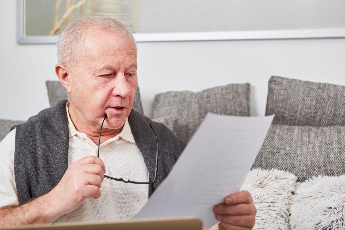 The image tells about a senior looking at a paper while holding an eyeglass indicating to track progress and regularly reassessing your financial plan to ensure your plan works for you over time.