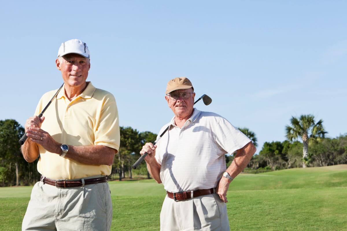 The image tells about two old men who enjoy playing golf which refers to senior discounts on recreational activities that allow them to enjoy their favorite pastimes without overspending.