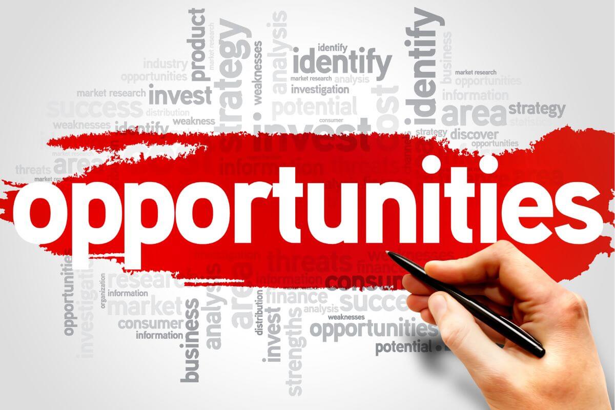 The picture tells about a screen with words scattered and a man's hand holding a pen pointing to the red word which means focus on opportunities instead of limitations to create a path to new income streams and financial inddependence.