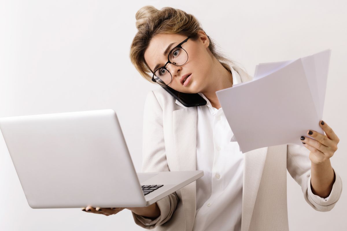 A woman is multitasking.