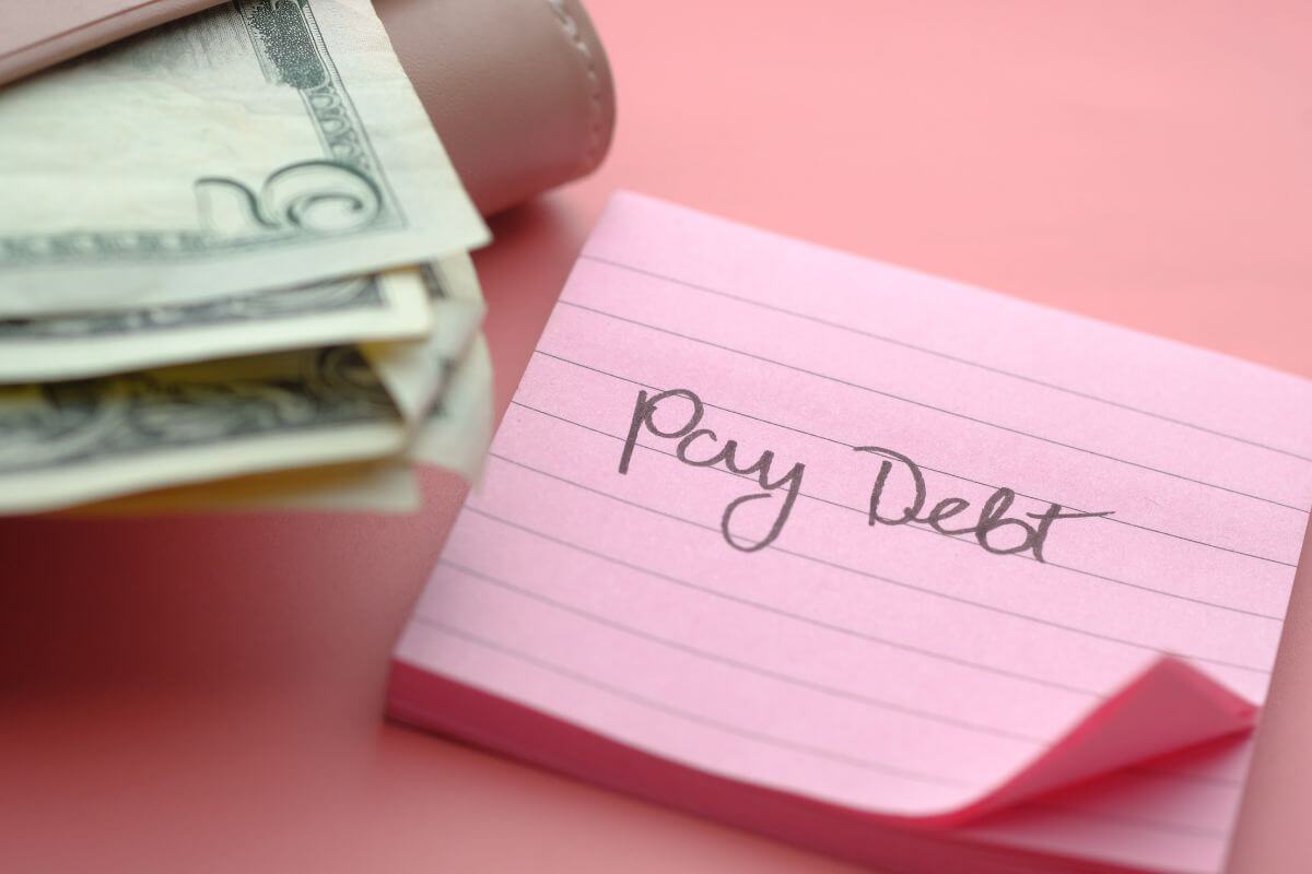 The picture shows a wallet with dollar bills and sticker notes with notes indicating to avoid debt and pay cash for necessities which gives you more financial freedom in the long run.