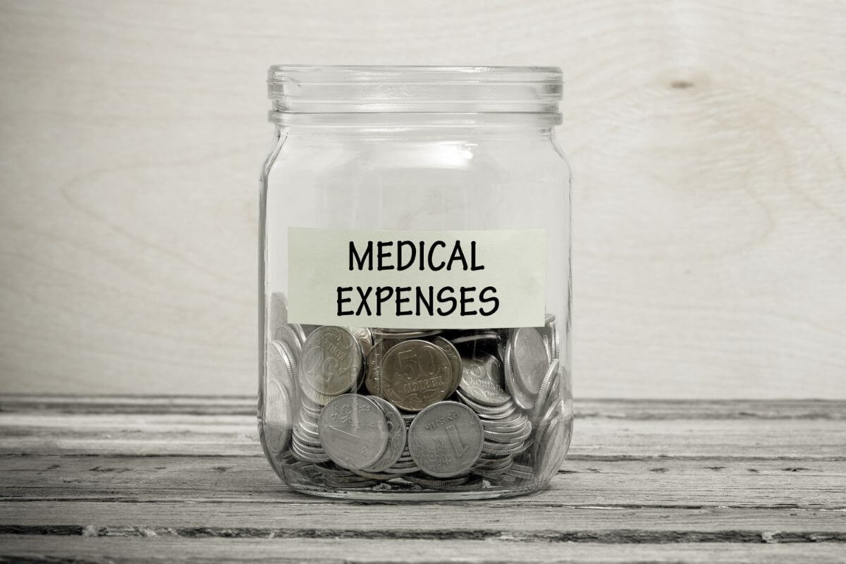 The picture tells about a jar with coins and notes referring to how underestimating medical expenses can drain savings quickly, planning for these costs ensures you're financially prepared for the future.