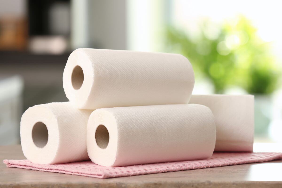 The photo of paper towels on the table with a fabric which means they might be convenient but they add up over time, consider using reusable cloths or rags instead.