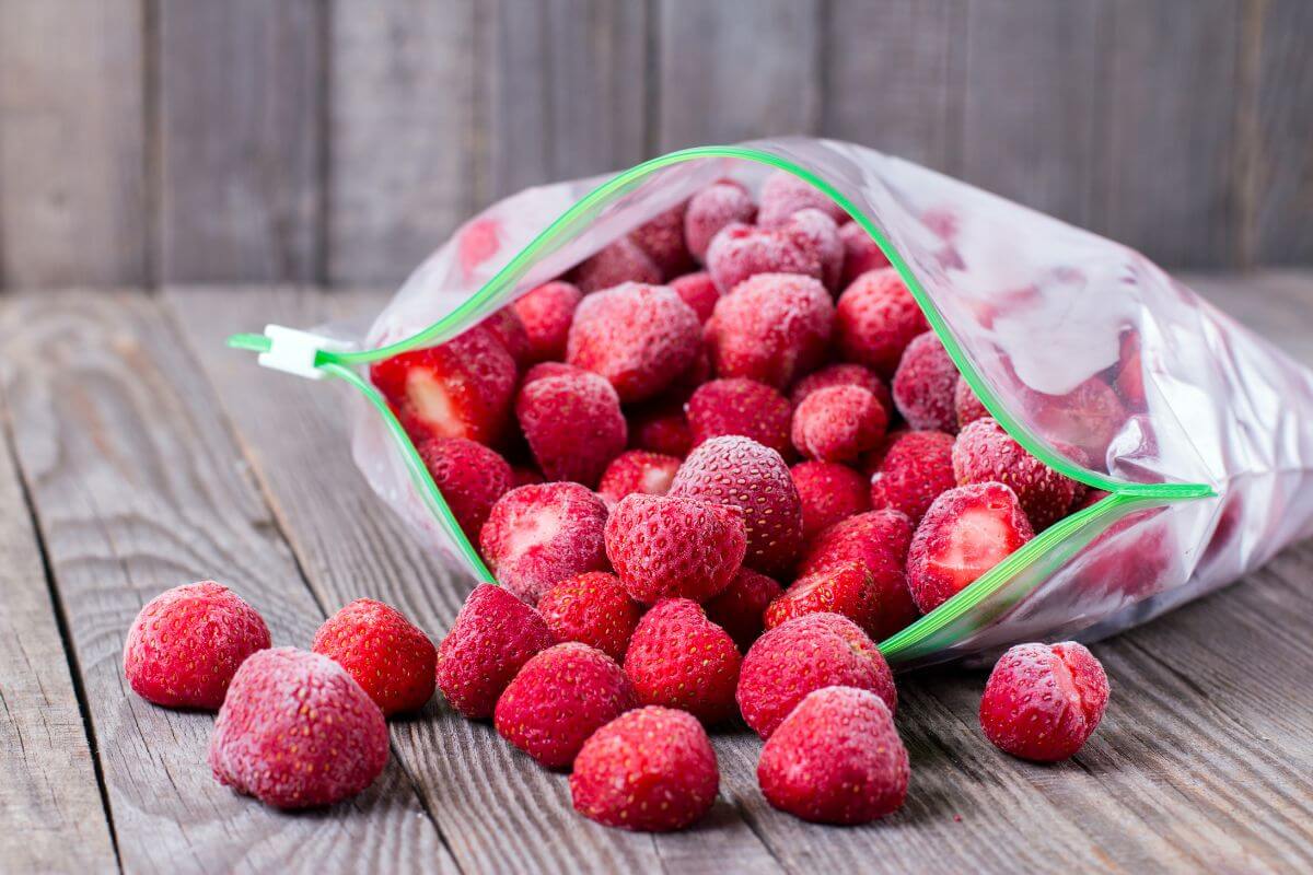The picture tells about frozen strawberries in a pack indicating that frozen smoothie packs cost much more than buying fruits in bulk, freezing own fruit is budget-friendly.