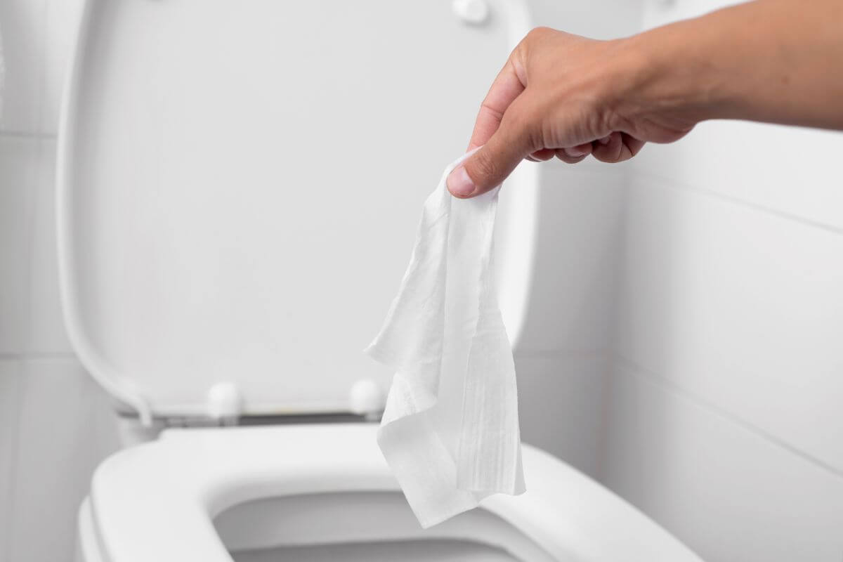 The photo tells about a man's hand throwing flushable wipes in a toilet bowl which are more expensive than toilet paper and can cause plumbing issues.