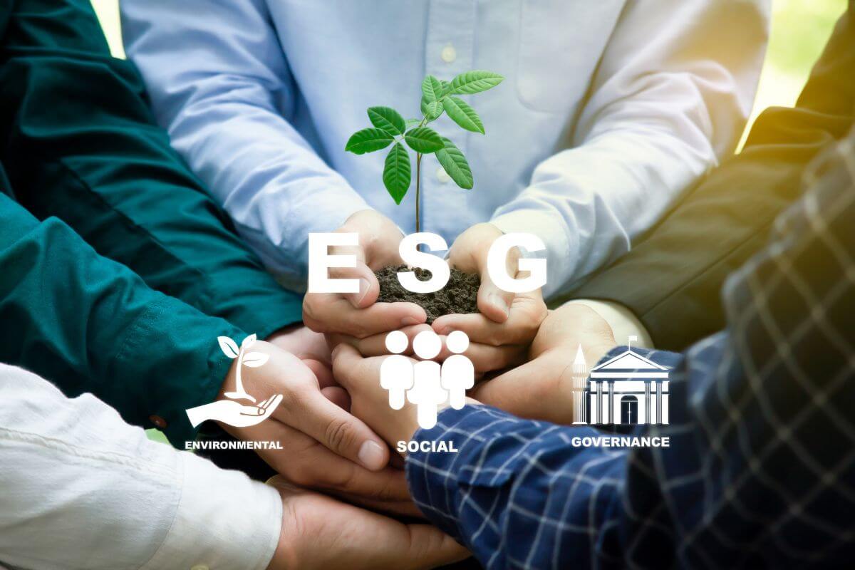 The picture shows a group of people's hands holding a plant together with a visual representation referring to the ESG practices meaning.
