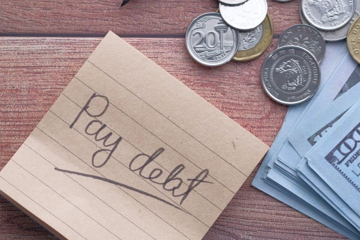 The image shows coins, dollar bills, and a piece of paper with a note indicating to avoid debt by paying with cash helps avoid high-interest credit card debt. 