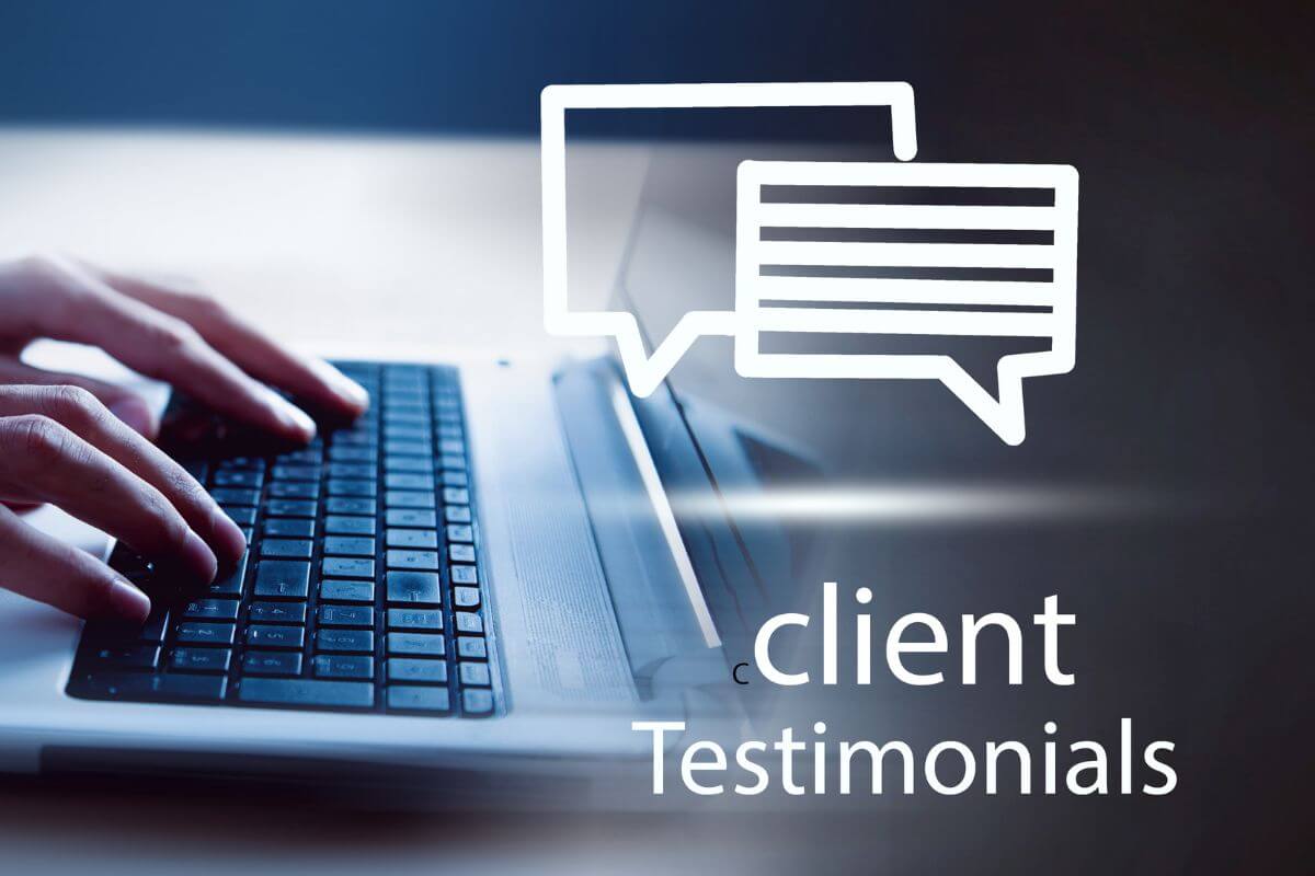 The photo tells about a man's hand using a laptop and a screen with notes and message icons indicating testimonials from past clients offering insight into how advisors work with clients.