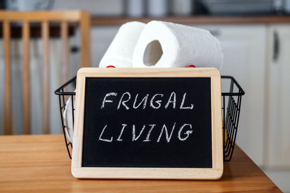 The picture of toilet paper and a blackboard with notes on the table refers to learning why a frugal lifestyle is what you need and seeing how they can transform your relationship with money.