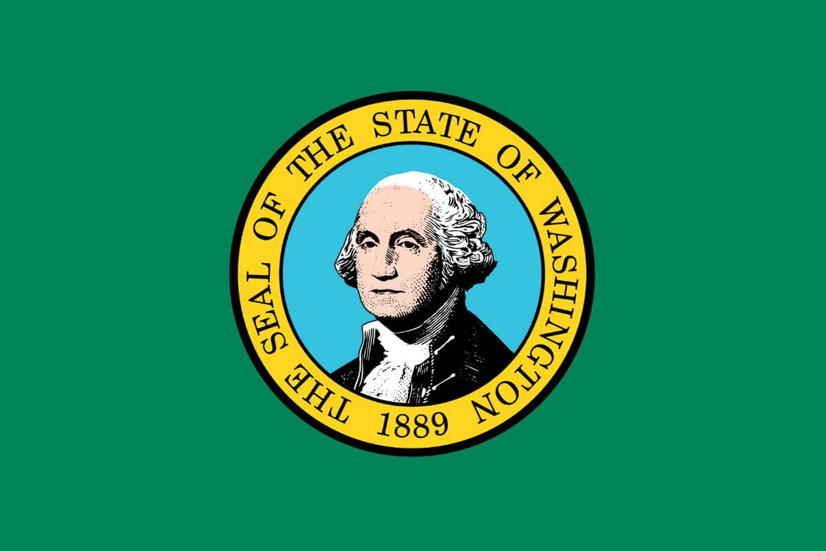 The photo tells about a Washington state flag indicating a solid choice for retirees due to its lack of state income tax.