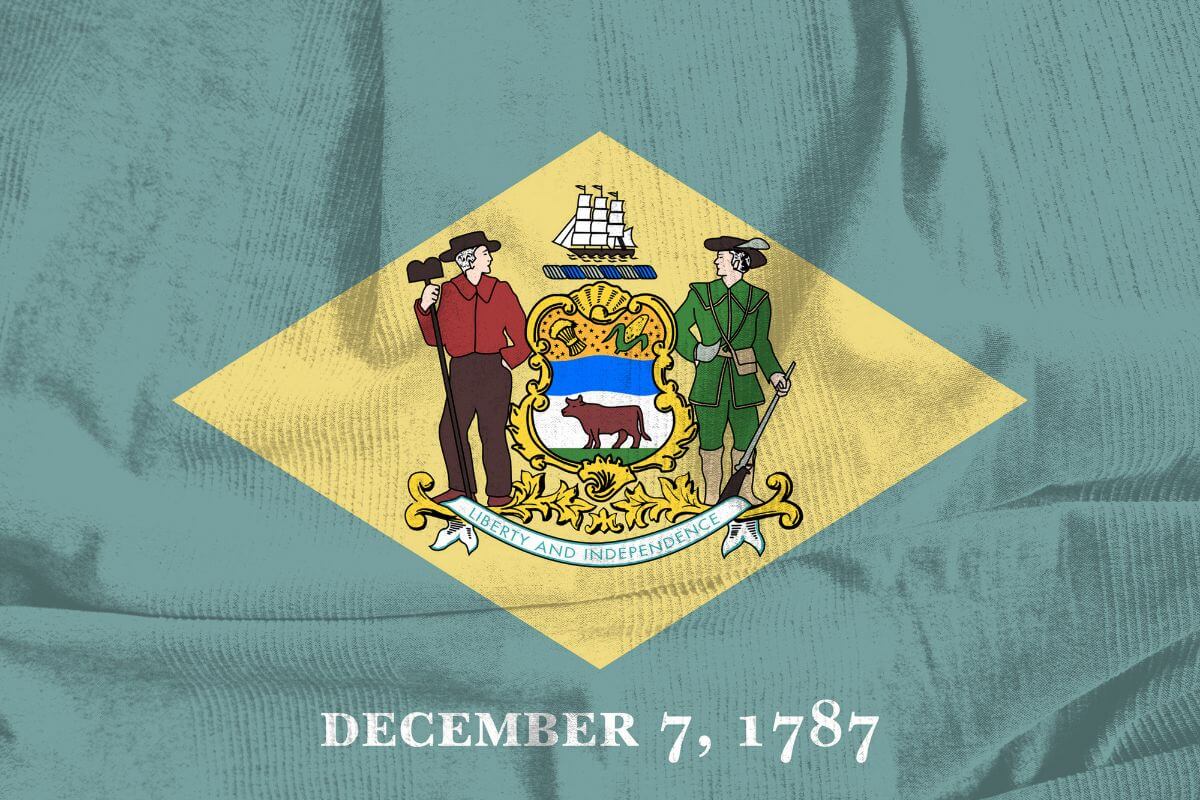 The photo tells about a Delaware state flag which means offers retirees a tax-friendly environment with no state tax on social security benefits and partial exemptions for other retirement income.
