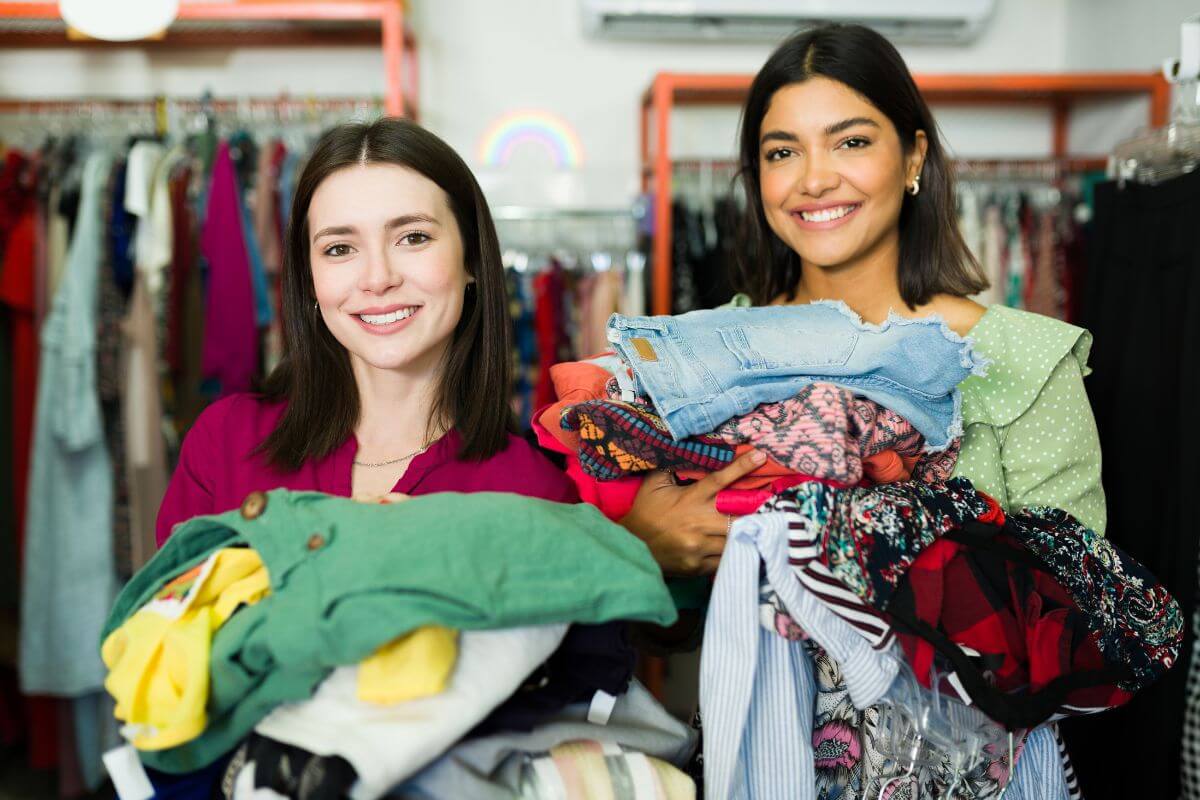 The picture of two girls carrying lots of clothes refers to looking for stores that offer bulk discounts to stock up on everyday essentials without spending a lot of money.