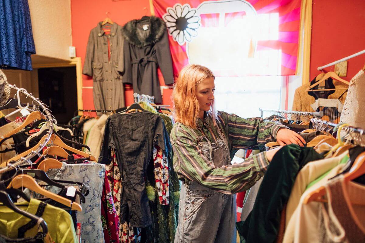 The photo tells about a girl browsing in the thrift store which refers to shop early in the day for fresh inventory that can help you find the best bargains before others arrive.