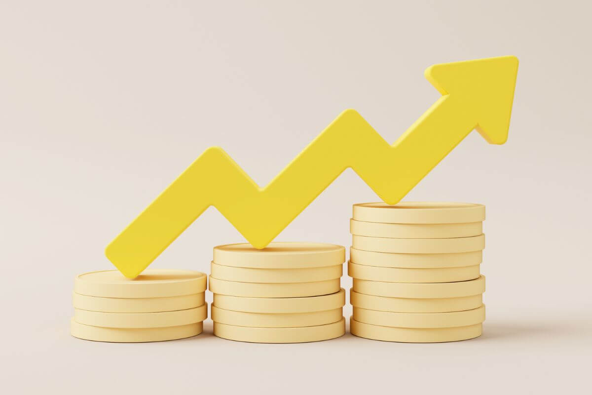 The image tells about stack coins figure and an increasing arrow at the top of it indicating to ways to increase assets for consistent growth to build long-term financial stability.