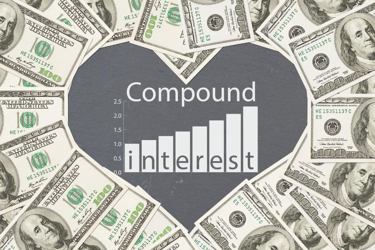 The photo tells about dollar bills formed into heart-shaped and a black board with notes, and graphs indicating the power of compounding allows your savings to grow faster over time.