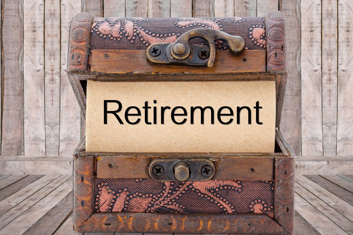 The photo of a treasure chest and a paper with retirement wording.