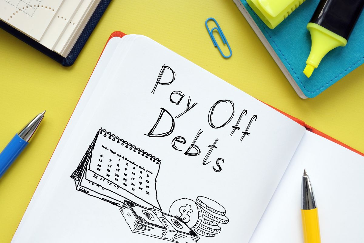 The photo shows a notebook with pay-off debt written.