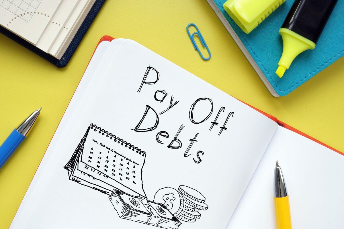The image shows notebooks, pens, a marker, a paper clip, and a notebook with calendar drawings and notes which means to pay down all debt where money can be used to save, invest, or cover essential expenses.