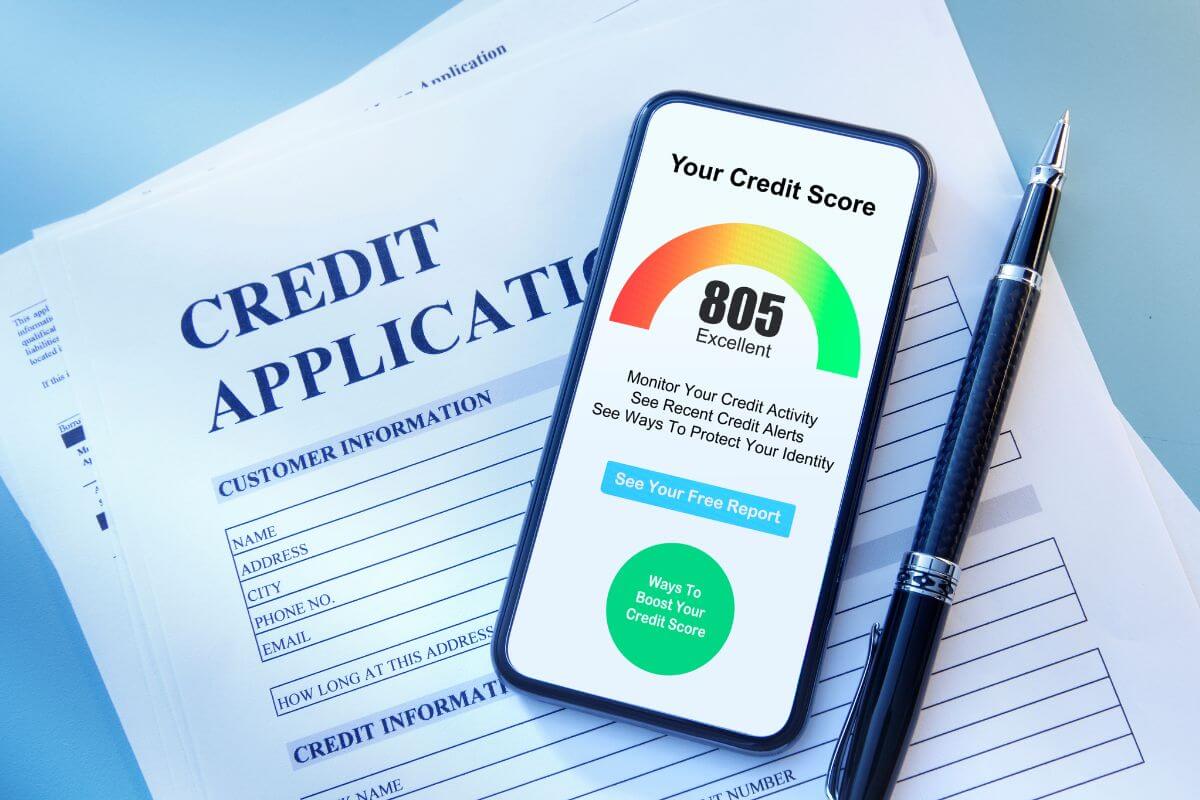 The image tells about a pen, papers with notes, and a phone with a screen display indicating to apply for a credit-builder loan to help you establish or rebuild credit.