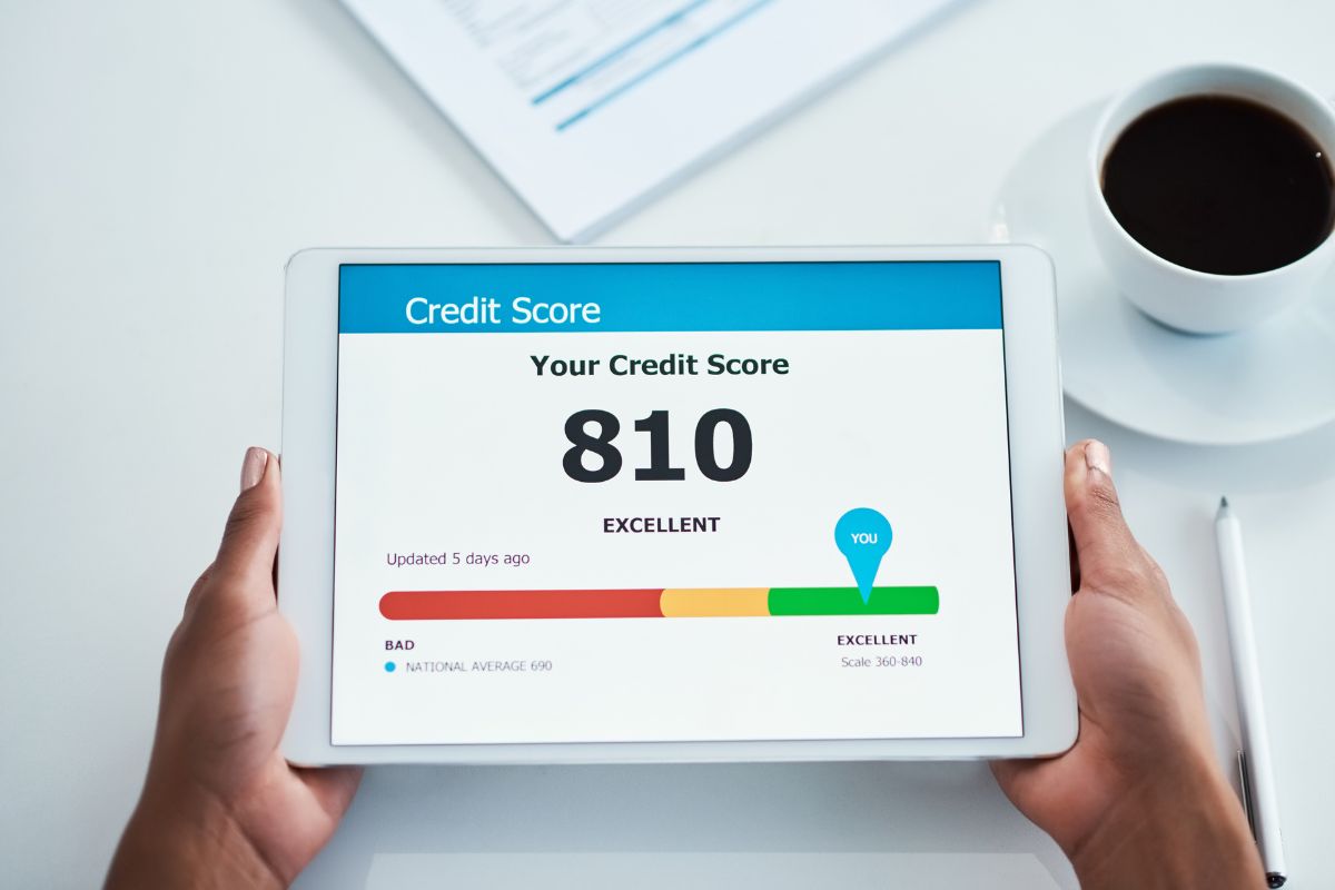 The photo shows a woman's hand monitoring her credit score.