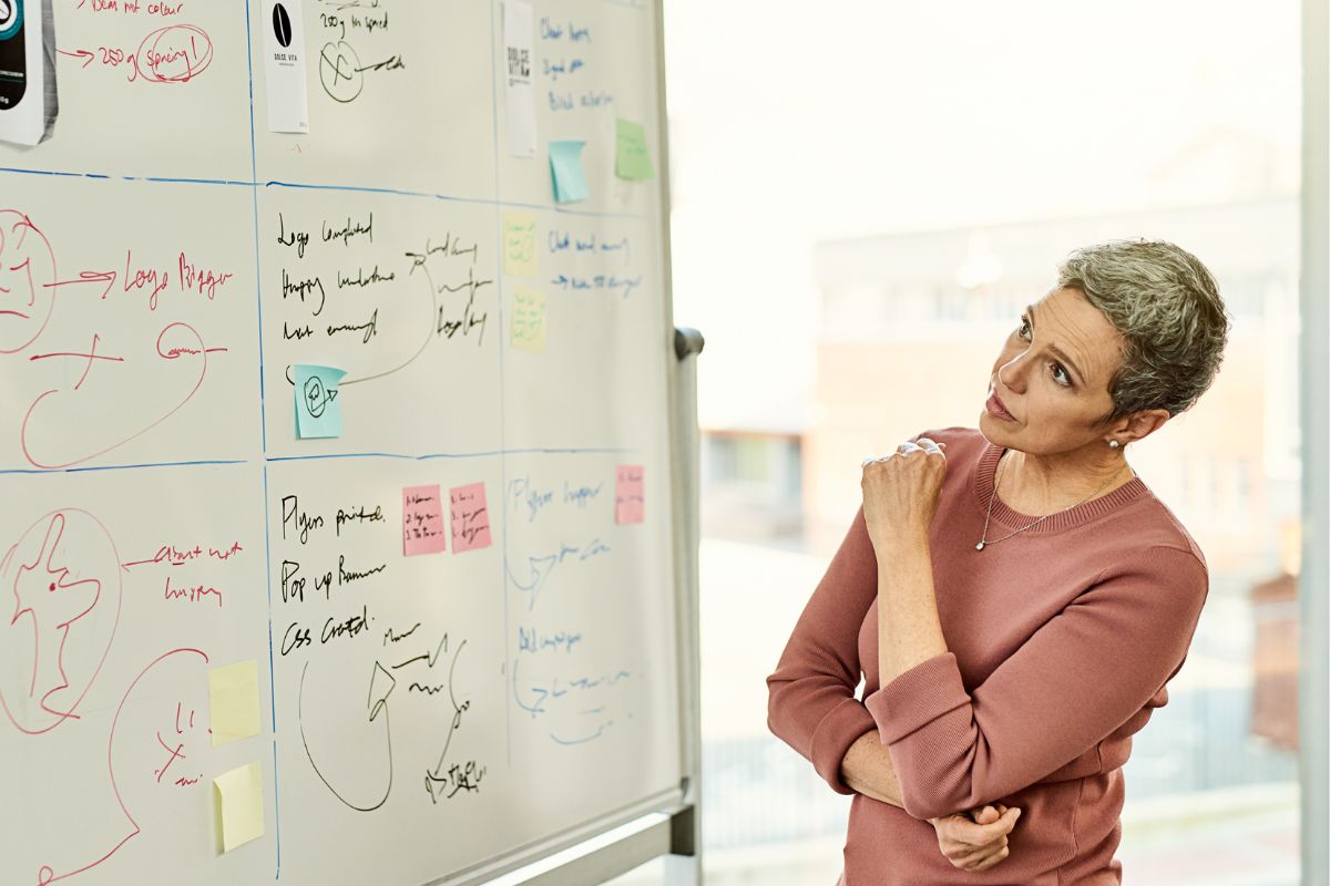 Photo of a woman analyzing her task on the board.