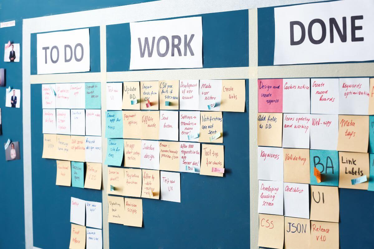 The photo tells about a green board with  columns and papers with notes indicating to create a done list to track accomplishments and helps you see what you've achieved.