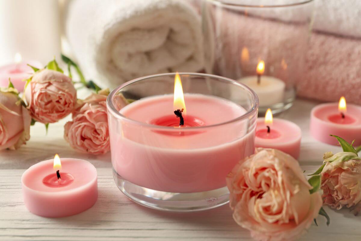 The picture of towels, roses, and candles which means excessive scented candles is a waste, spending less on candles means more money for essentials.