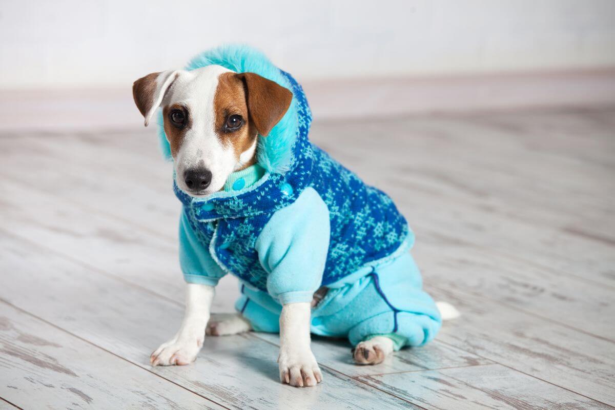 The image of a dog with clothes indicating fancy pet clothing for animals can add up to your budget, cutting this keeps both your pet and budget happy.