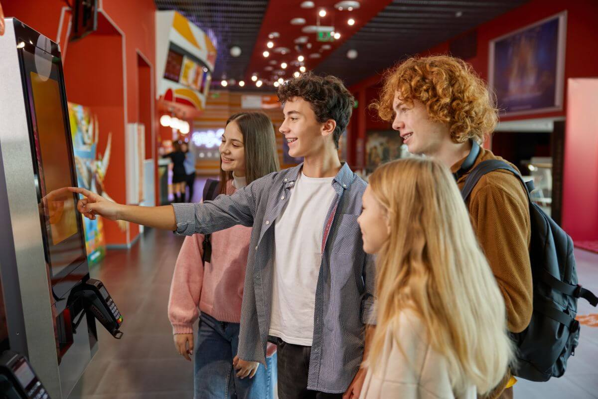 The photo shows a group of teens ordering in the kiosk at the mall to teach them to avoid lifestyle inflation helps teens focus on needs instead of overspending on wants.