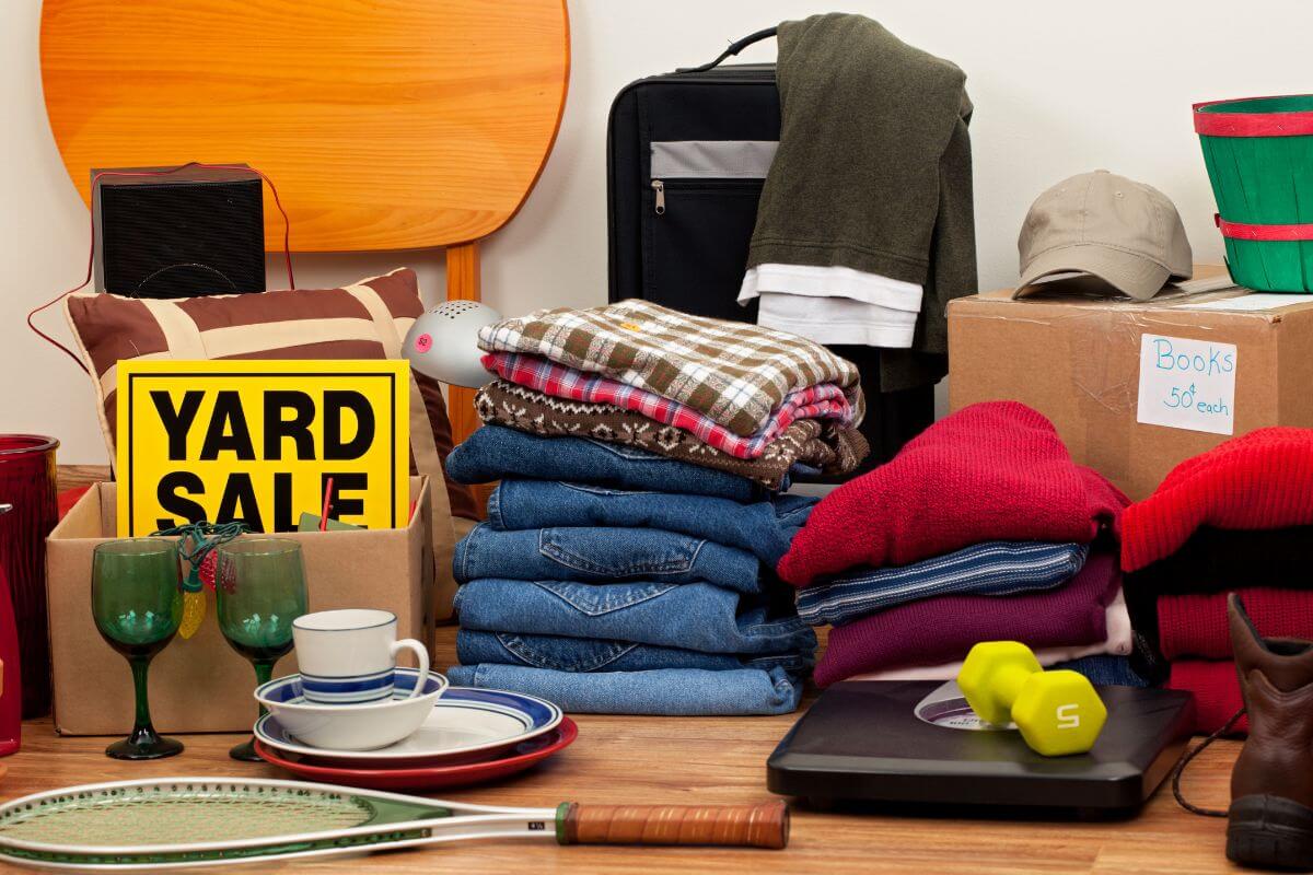 The picture shows clothes, kitchen stuff, a table, and a yellow board with notes indicating to flip free items for profit that can add to your savings and bring you closer to financial independence.