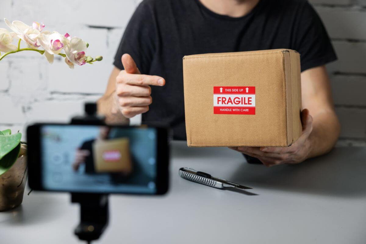 The image shows a man holding a box with a red tag and filming his self using a phone which means YouTube creators focusing on low-effort content is a great way to make passive income.