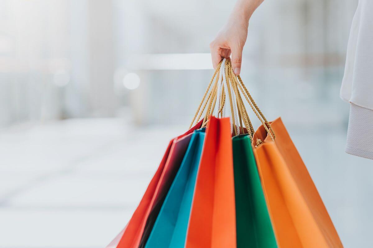 The picture tells about a girl's hand carrying shopping bags which means to become a personal shopper for busy professionals offers high pay and flexible hours.