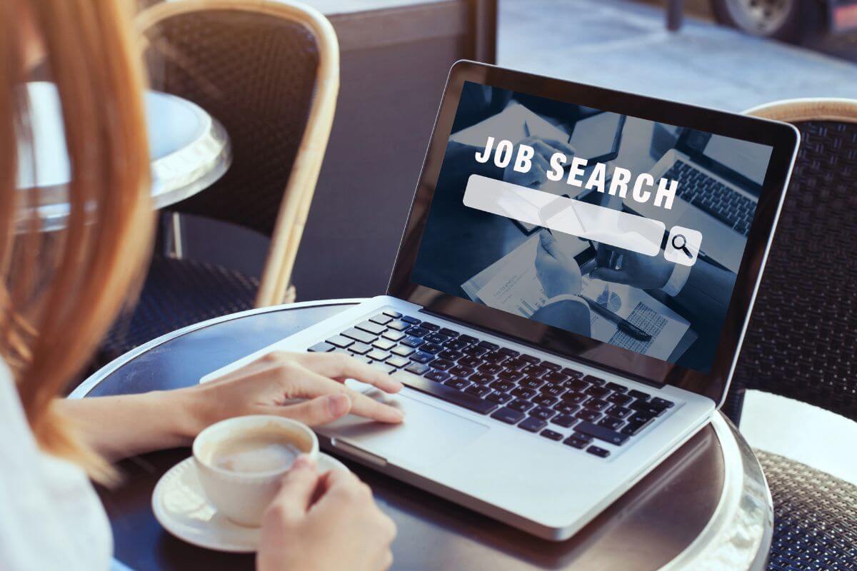 The photo tells about a girl using a laptop to search while having a coffee refers to finding more low-stress jobs that don't require a degree to earn money and the potential of passive income.