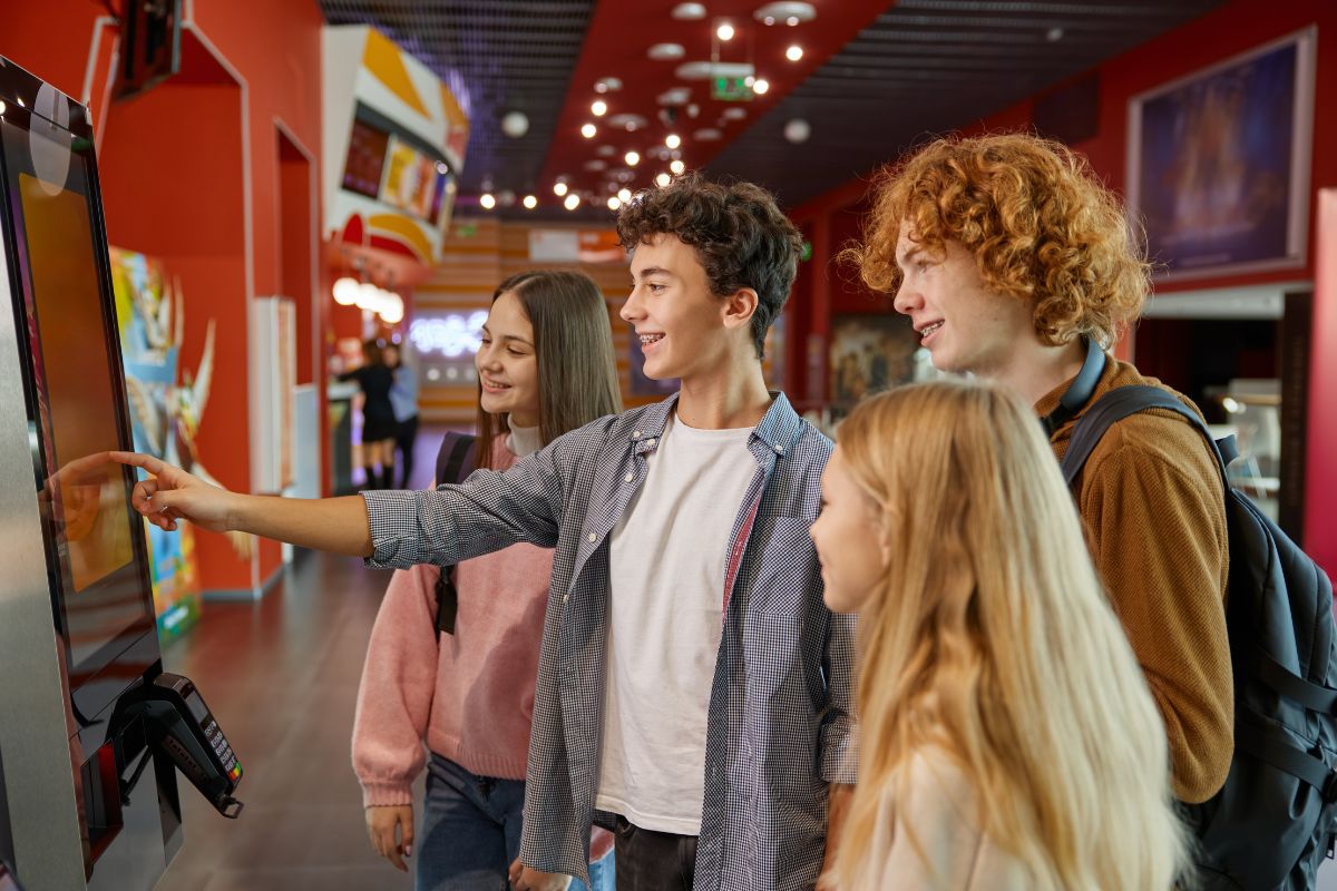 The image shows students ordering at the kiosk.